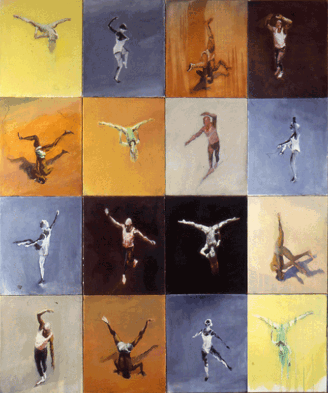 Painting of tightrope walker, dancer, breakdance and trapeze artist